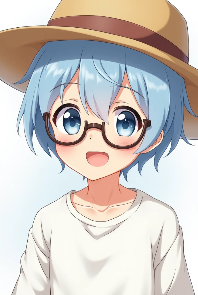 A cute boy with short light blue hair, anime style, glasses, a straw hat and whiteTWearing a shirt and smiling