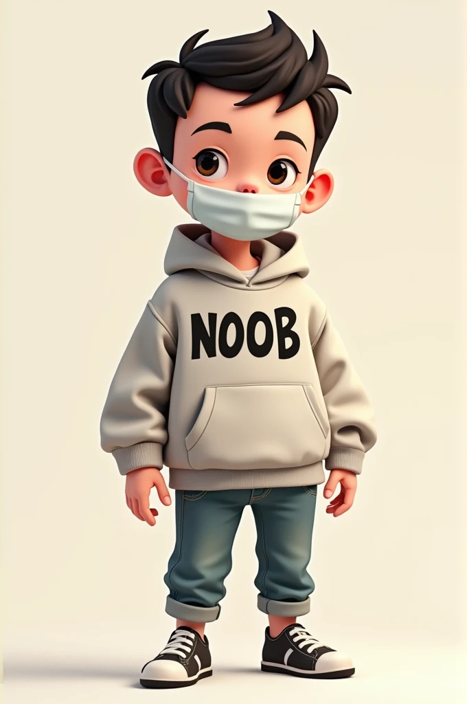 Make a doll-like masculine character who wears a sweatshirt with the word NOOB written on it and wears a mask 