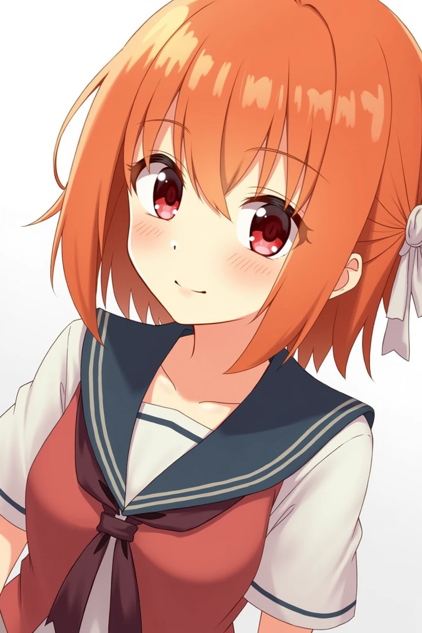 anime girl, orange hair, Red eyes, shy blush, School uniform
