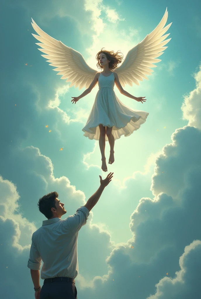 fantasy sky,girl with wings going into the sky, man holding his hand