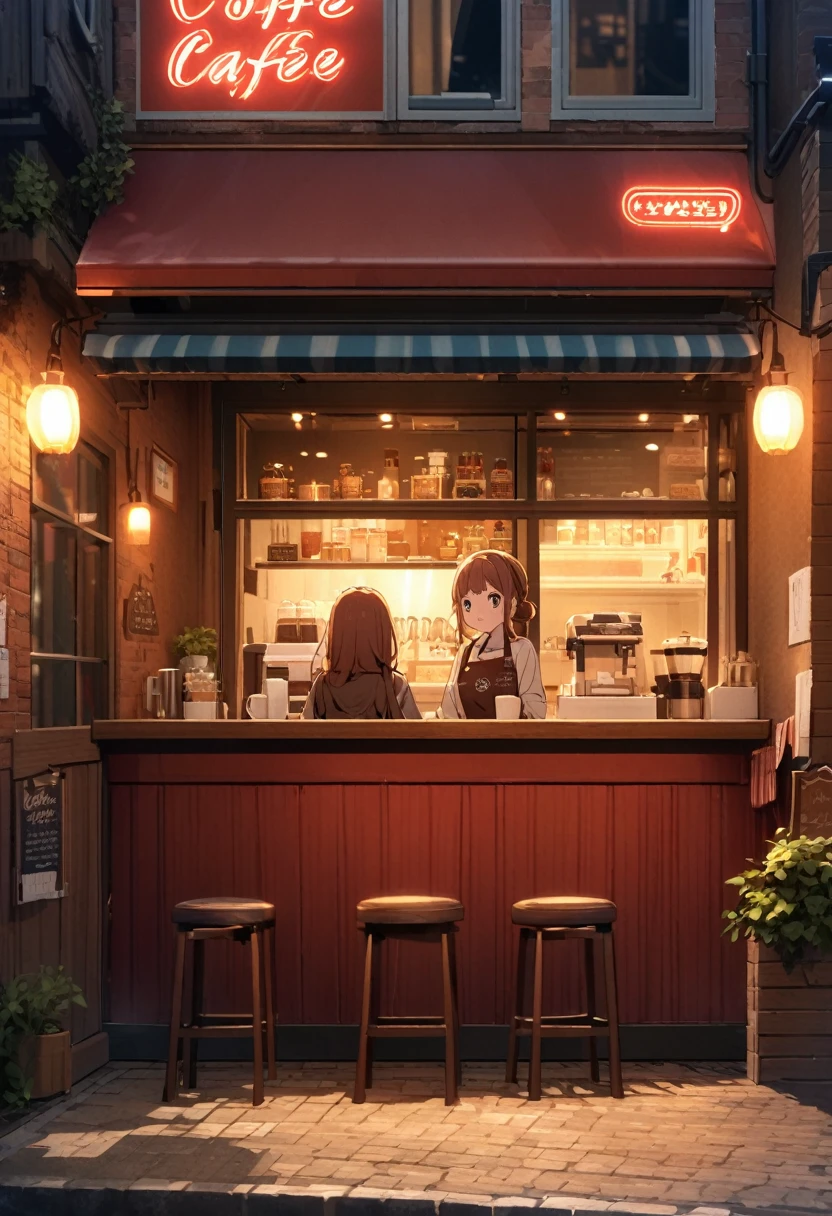 A small cafe is open, Light shines from the red brick exterior. There are neon signs advertising "coffee" Lights up with red and blue letters. internal, The cafe has three red chairs and、There is a counter with a girl sitting in front of it.。, Large windows overlook the street outside.. The atmosphere is inviting and cozy, 温かいcoffeeにぴったり.