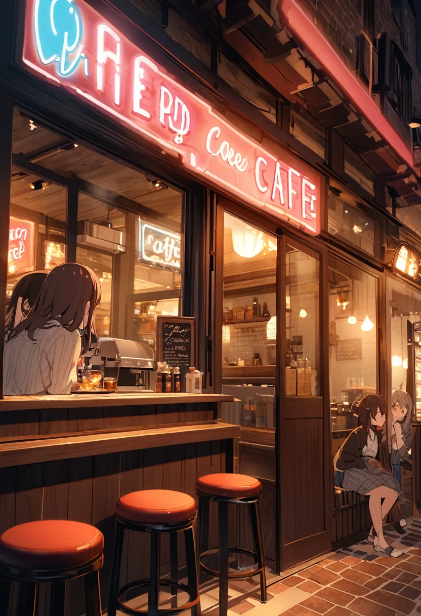 A small cafe is open, Light shines from the red brick exterior. There are neon signs advertising "coffee" Lights up with red and blue letters. internal, The cafe has three red chairs and、There is a counter with a girl sitting in front of it.。, Large windows overlook the street outside.. The atmosphere is inviting and cozy, 温かいcoffeeにぴったり.
