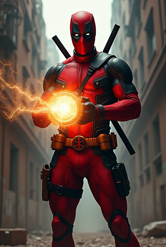 Deadpool holding arc reactor 