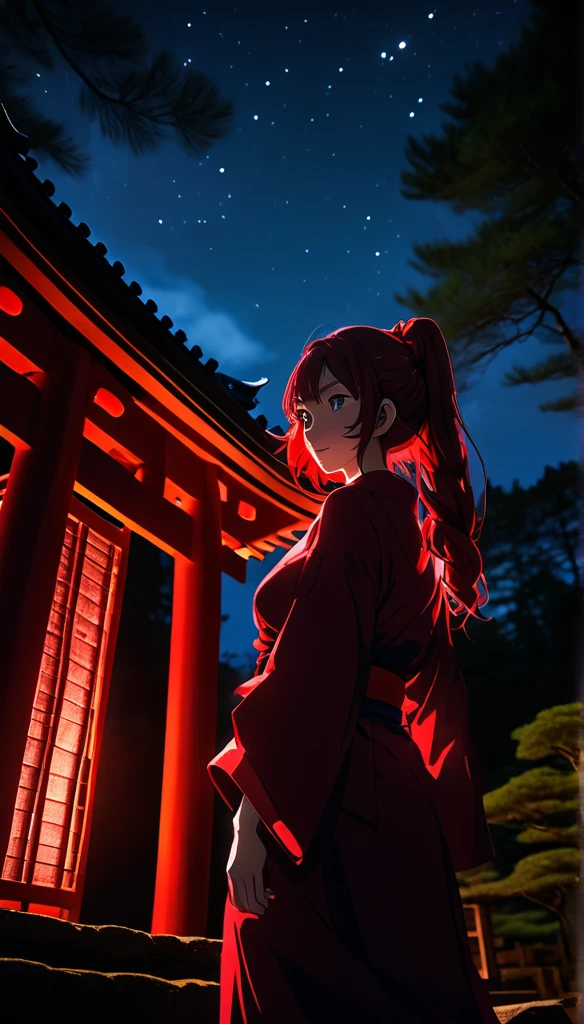 Dark aura, Dynamic Angle, 8k, red, High resolution, Hiding in the shadows, At a Japanese shrine at night, Beautiful night sky, Forest in the background, Outdoor, whole body, detailed, Action pose, Dynamic Angle