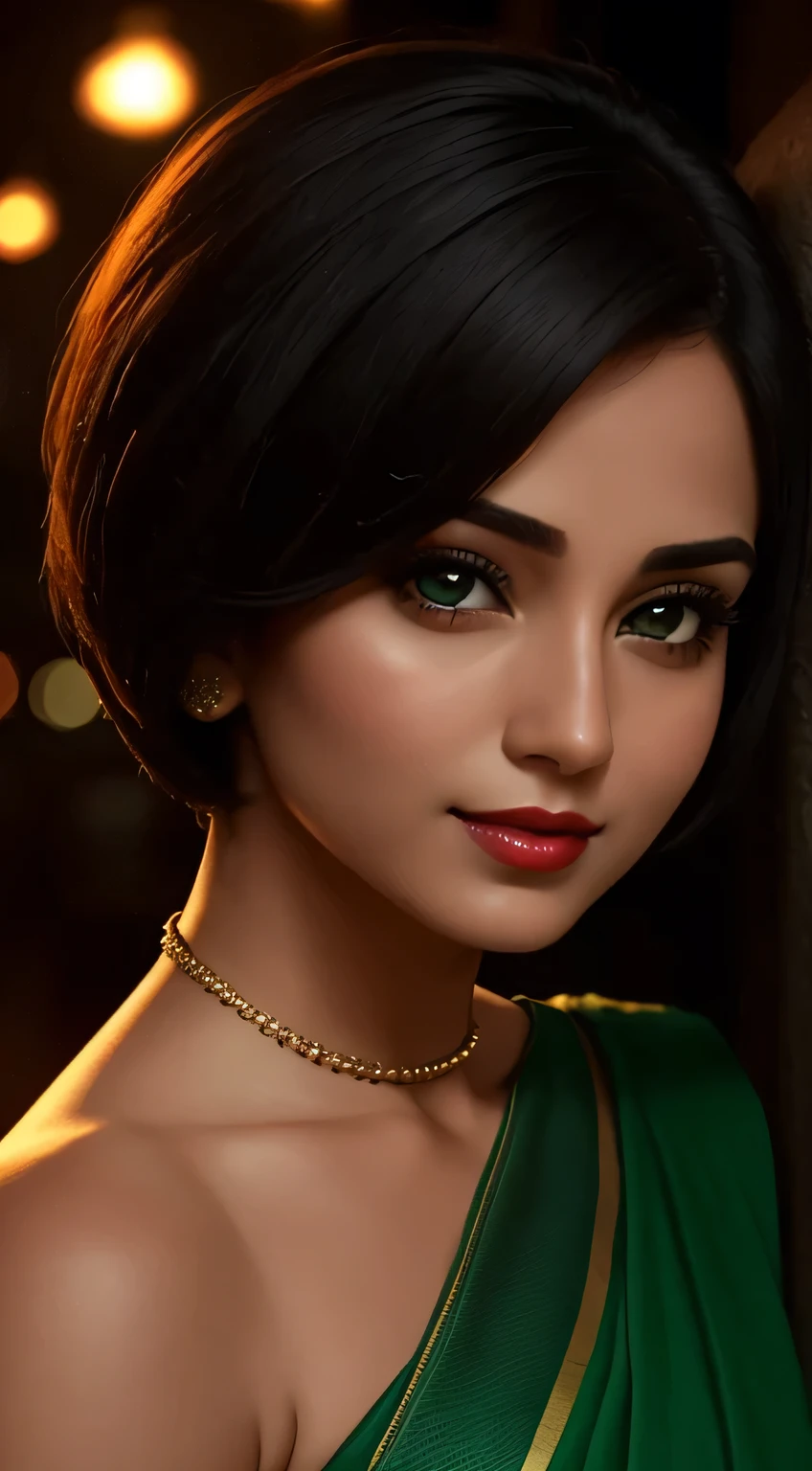 Amazing portrait of a woman who is 30 years old and an adult and a sexy woman with short hair in a bob style wearing a green saree during night time with soft lighting showcasing her red lips and her beautiful face in detail and close up