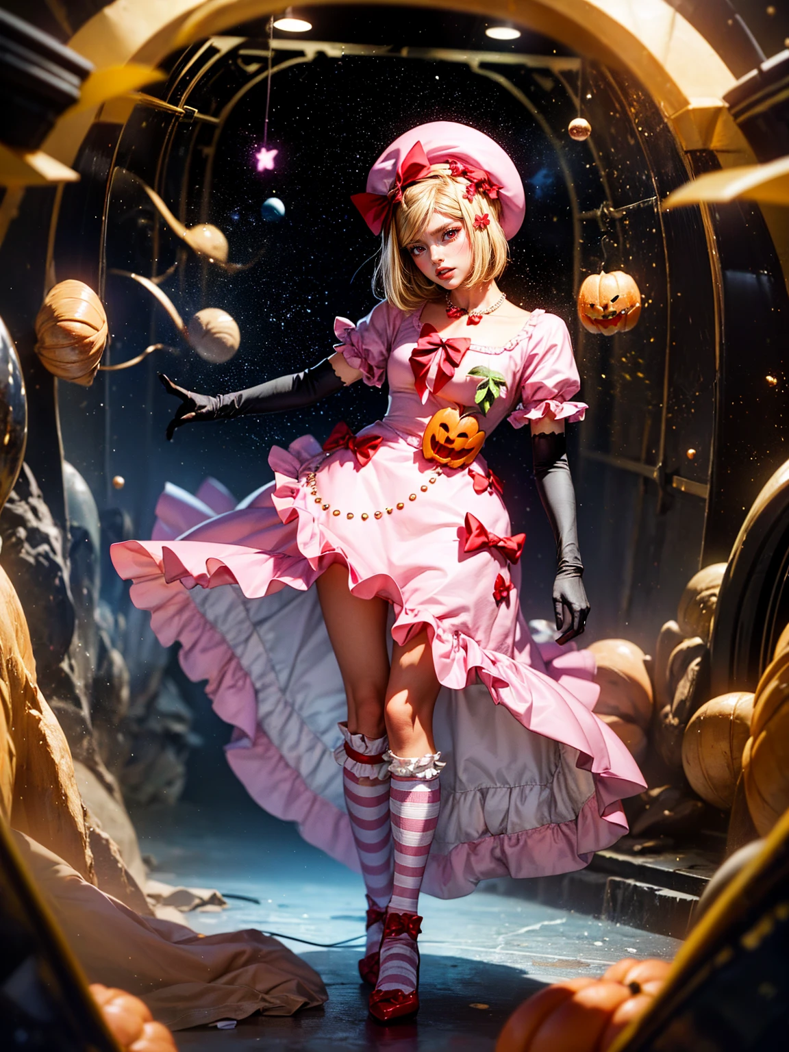 (1 lady), The beautiful, (Best quality at best:1.4), (ultra - detailed), (extremely detailed CG unified 16k), gold blonde hair, very detailed, High-definition RAW color photo, professional photoshooting, amazing face and eyes, cosmetics, (amazingly beautiful girl), ((lambdadelta, taller, tall woman)), ((dress, shoes bow, red shoes, striped stockings, red bow, pink hat, necklace, gloves, pearl, pumpkin brooch, pink dress)), levitating in a cute posture (floating in the air), (She's levitating in a cosmic sea, outer space:1.3, quantum hyperspace room lacking walls, hyperspace chamber, extremely detailed background, a lot of details background, realistic outer space background with stars quasars and cosmic bodies, brighter background), (look from above), realistic cinematic face, head to feet long wide zoomed out view, full body long view, photorealistic, ((realistic natural blonde hair style, red eyes)), gorgeous, extremely beautiful face, perfect model beauty, pout mouth, Highly Detailed Face and Skin Texture, Detailed Eyes, Double Eyelids, Small Breasts, Persistent Stare, Faith Trance, (mystical stare, looking eternity), (masterpiece), best quality, high resolution, depth of field, cinematic lighting, amazing legs, pink combat boots, clear and well-cared skin