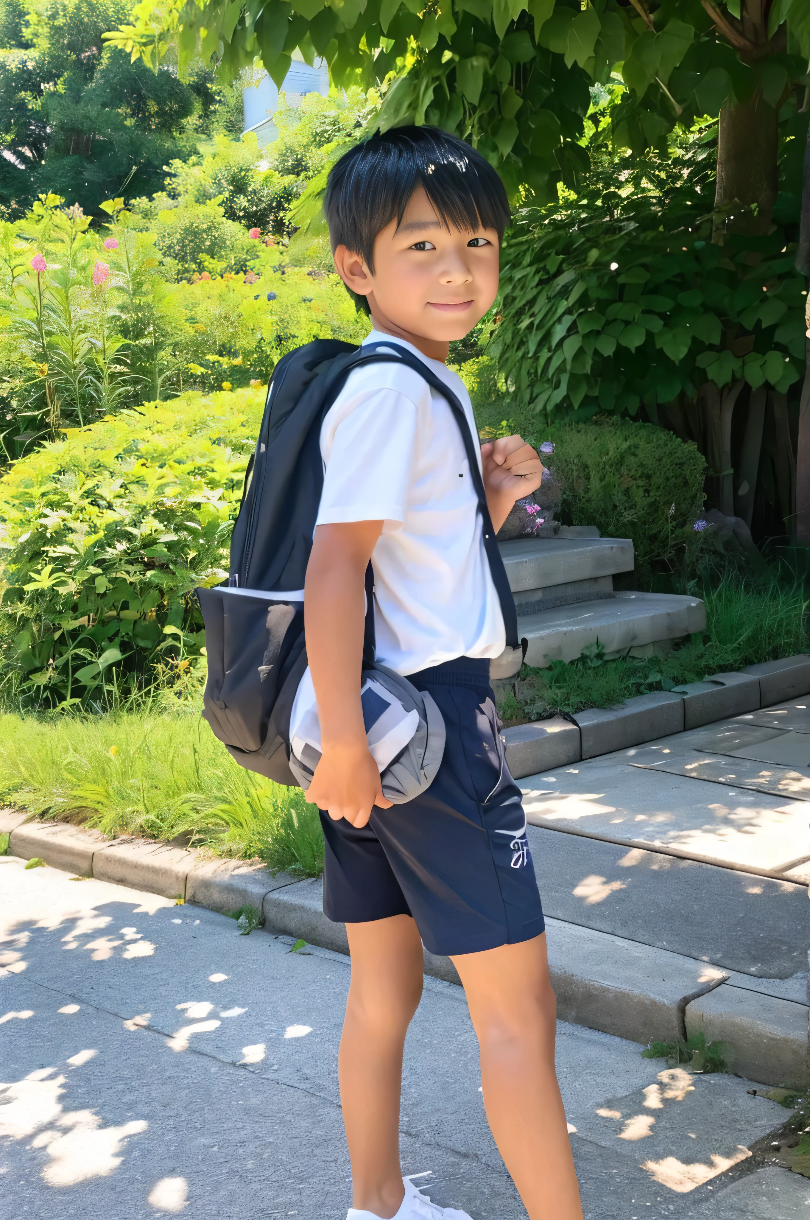 A tanned -yeld Jaese boy wearing shorts and carrying a backpack during summer vacation