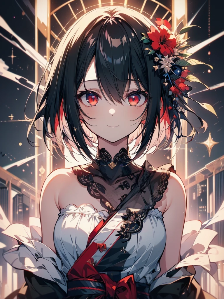 (masterpiece, highest quality, highest quality, (No text), Beautiful and aesthetic:1.2),No text,アニメ、BREAK,One Girl,Black Hair Girl short hair older sister choker Beautiful eyes Red eyes cool smile Black and Red whole body In town
