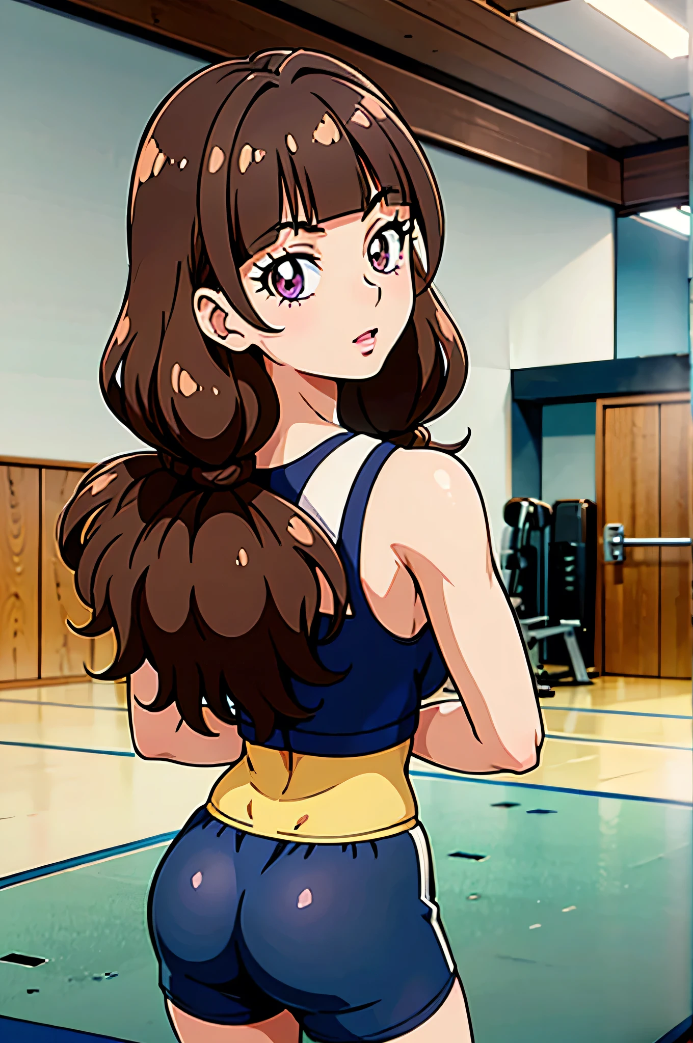 1 girl, (solo), ((amanogawaki)), best quality, highres, high quality, 8k, HD, super detail, anatomically correct, UHD, accurate, (masterpiece:1.0), (high quality:1.0), (ultra detailed), ((Adult:1.2)), Looking at viewer, wearing gym_outfit, inside gym, back view, taking a selfie, gym shorts, gym shirts, Buttcheeks