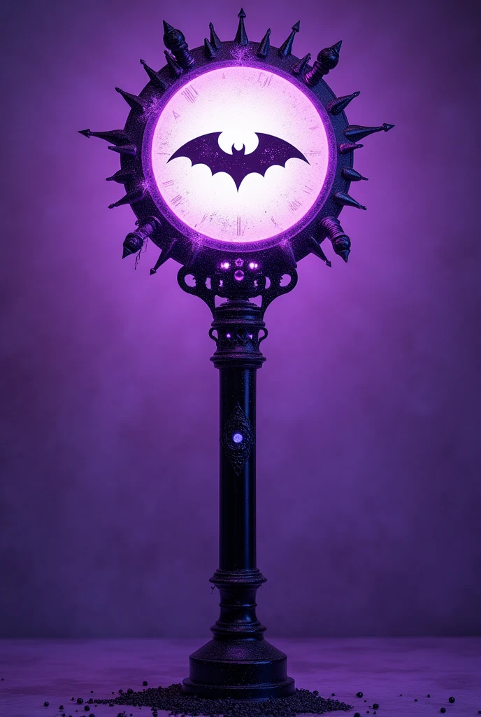 a Lightstick of a K-pop group named : LUCiD :
a small bat draw in the center on a lilac background, thick stick, details with glitter, stars and small skulls. Only PURPLE, WHITE AND BLACK are allowed colors.