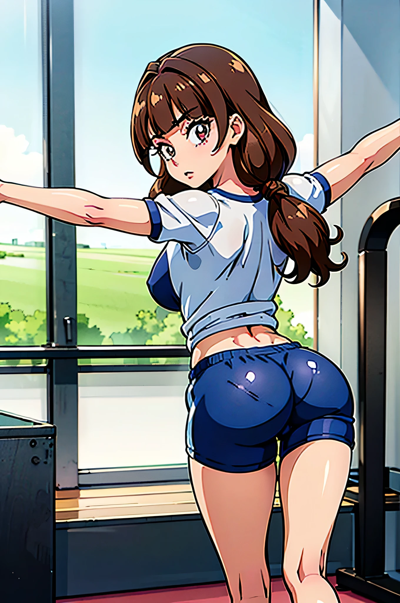 1 girl, (solo), ((amanogawaki)), best quality, highres, high quality, 8k, HD, super detail, anatomically correct, UHD, accurate, (masterpiece:1.0), (high quality:1.0), (ultra detailed), ((Adult:1.2)), Looking at viewer, wearing gym_outfit, inside gym, back view, taking a selfie, gym shorts, gym shirts, Buttcheeks