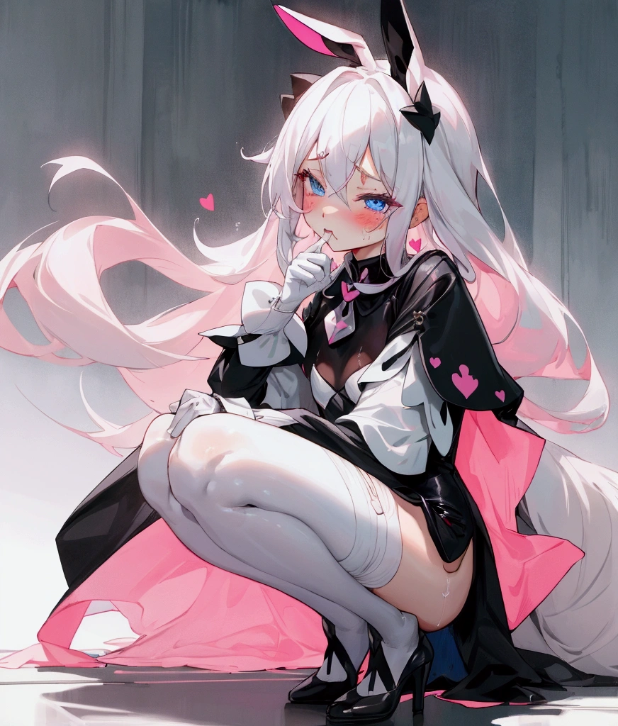 White long hair、Human14A girl about the age、Great exposure、Black Bunny Girl Suit、Face forward and squat with your feet wide apart、blush、Mucus is dripping from between her legs onto the floor、A slim figure、Estrus、Drool dripping from the corners of the mouth、There are a few tears in my eyes、Small pink heart mark on eye、blue eyes、Black high heels、Two Legs、Delicate painting