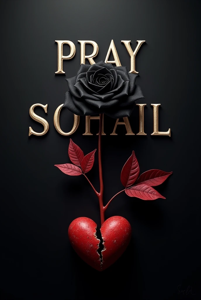 PRAY FOR SOHAIL for A GOOD HEALTH write on BLACK BACKGROUND in large fonts with BLACK ROSE with red leafs and real broken Heart