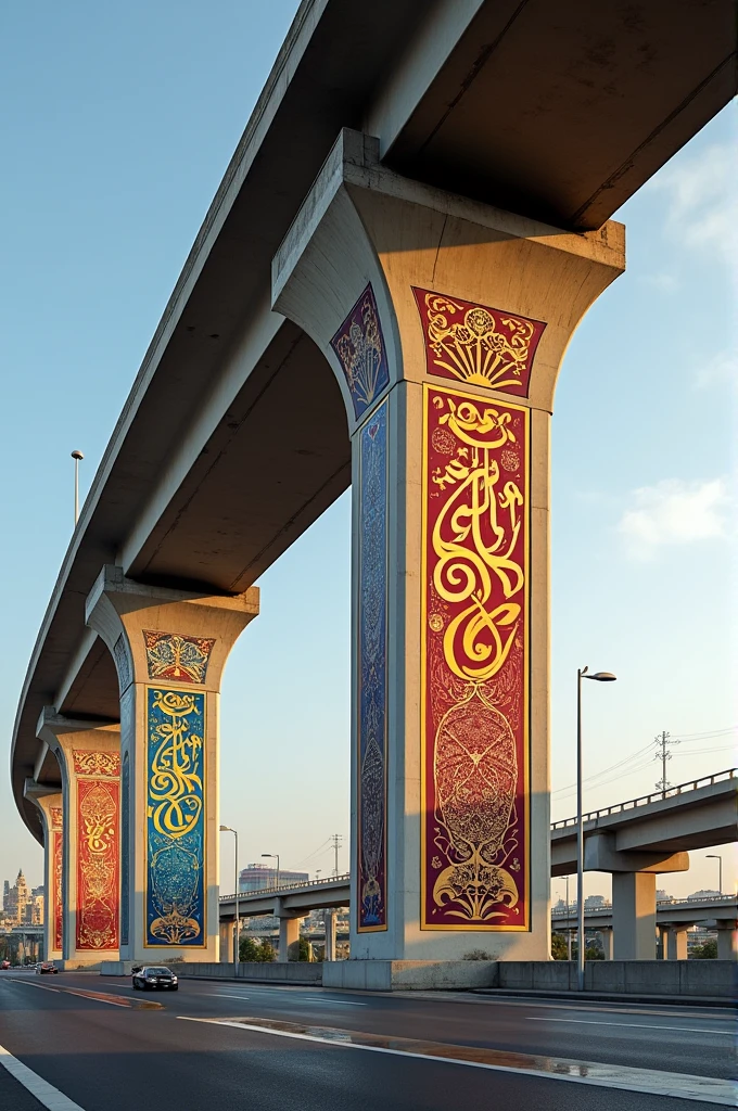 Row of Flyover pillars painted by Arabic calligraphy 