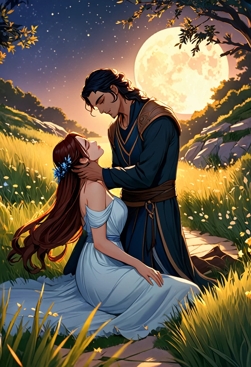 Tharros's gentle pull brought Ember closer, his warm breath whispering against her cheek, causing a soft flush to rise to the surface. He guided her down to the lush garden grass, his lips tracing a tantalizing path across her skin as he slowly removed their dresses, leaving Ember's body exposed to the warm moonlight.