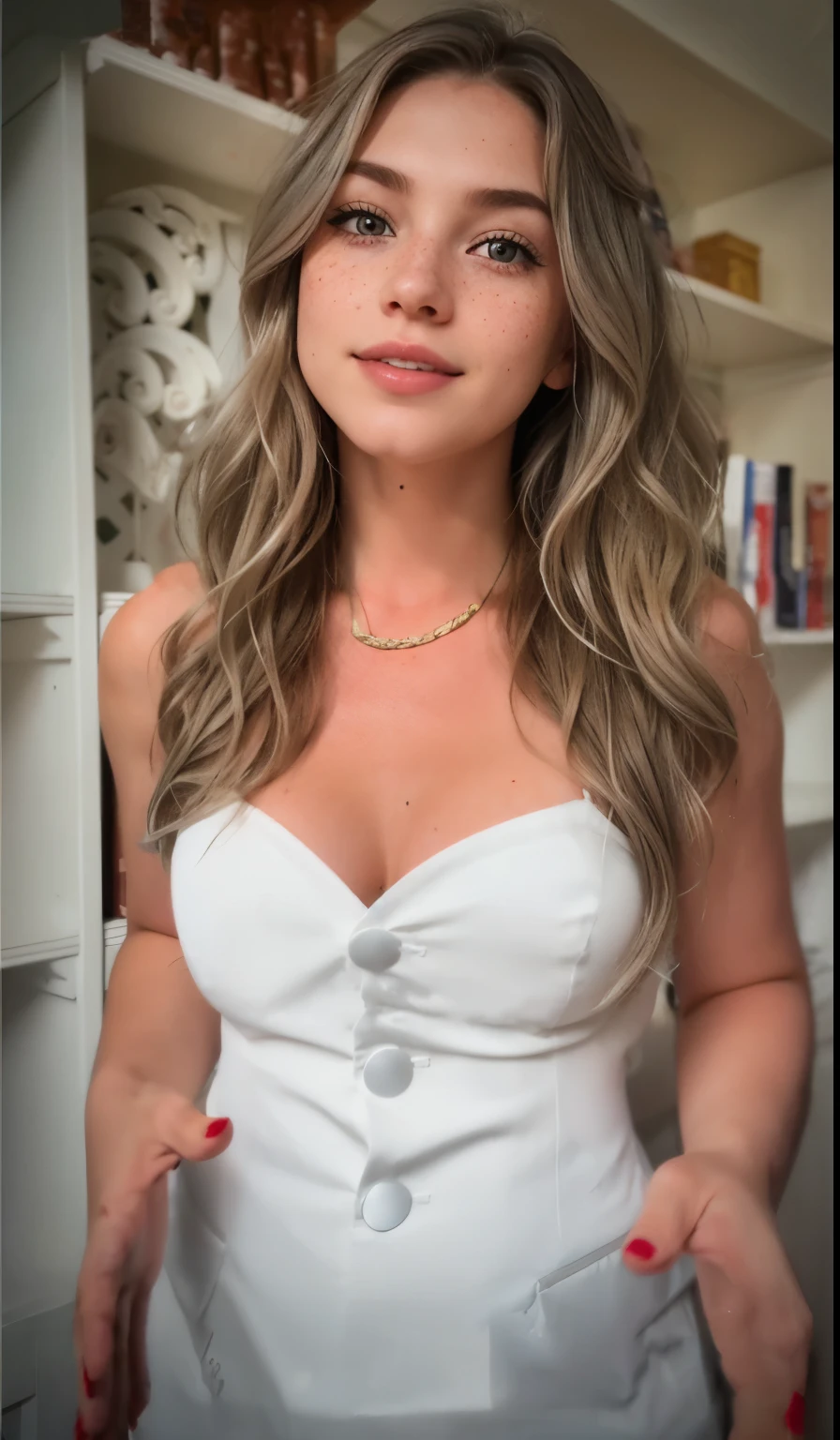 Face of a woman, americana, age 25, pale skin and freckles, grey-eyed, delicate nose, soft and delicate lips, Long Wavy Gray Blonde Hair, Sweet smile, cabelo solto e cheio