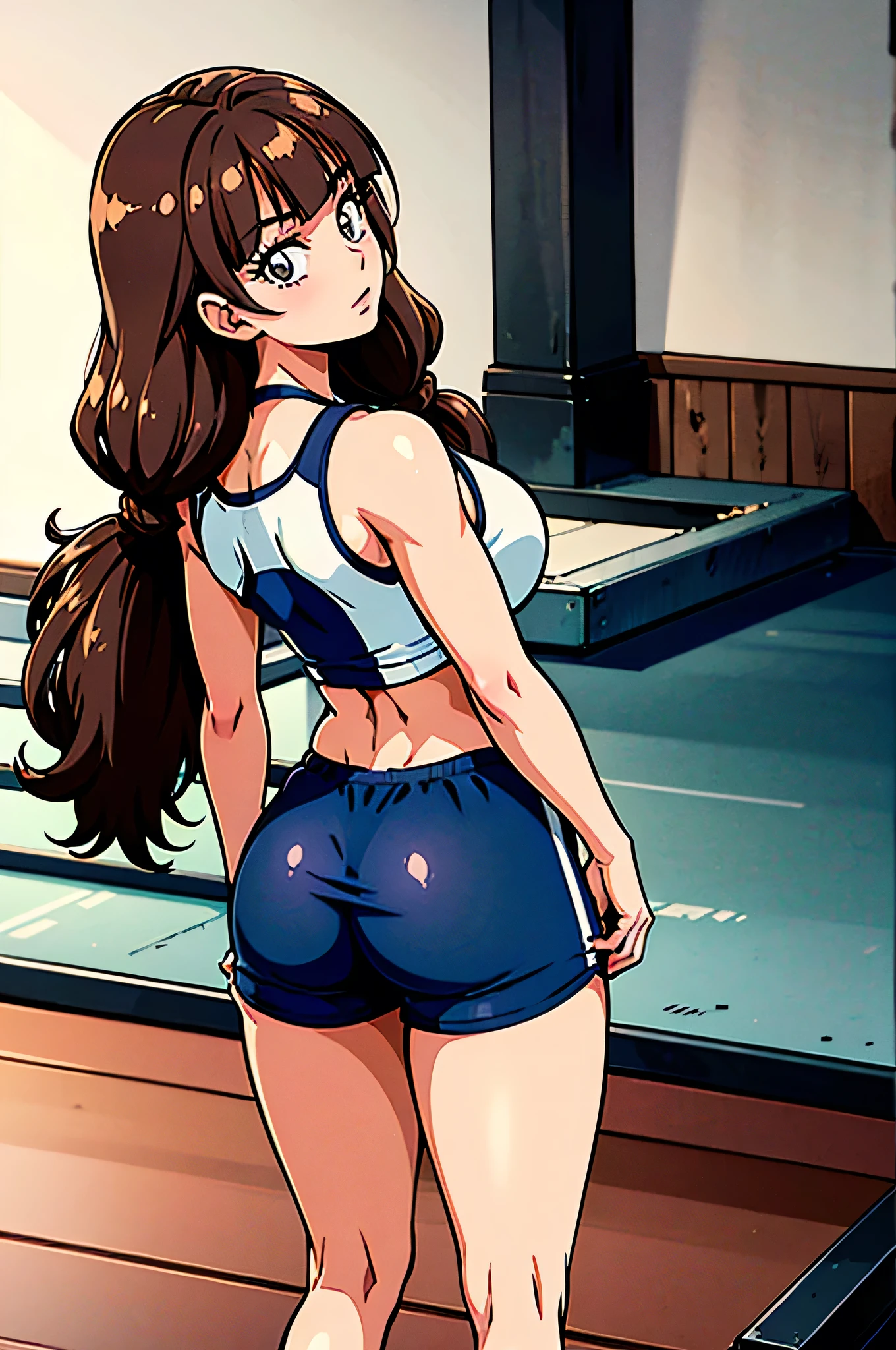 1 girl, (solo), ((amanogawaki)), best quality, highres, high quality, 8k, HD, super detail, anatomically correct, UHD, accurate, (masterpiece:1.0), (high quality:1.0), (ultra detailed), ((Adult:1.2)), Looking at viewer, wearing gym_outfit, inside gym, back view, taking a selfie, gym shorts, gym shirts, Buttcheeks