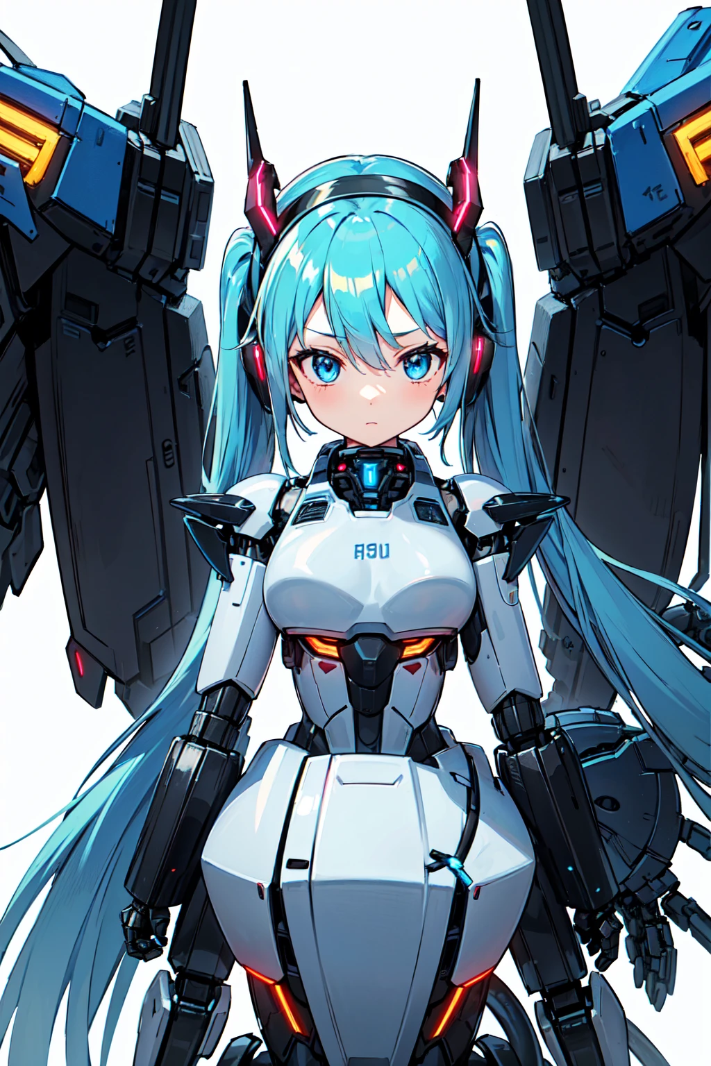 [(White Background:1.5)], (((masterpiece))), (Upper Body), One girl, ((Cyborg Girl)), alone, Hatsune Miku・VOCALOID、Light blue hair, Twin tails、Long Hair, Blue inner hair, blue eyes, sf, (mecha musume:1.5), ((Attack Type)), Machinery Parts, Orange headgear, Mechanical wings and tail, ((Mechanical Black Heavy Armor)), ((Neon Light Blue)), Anime Style
