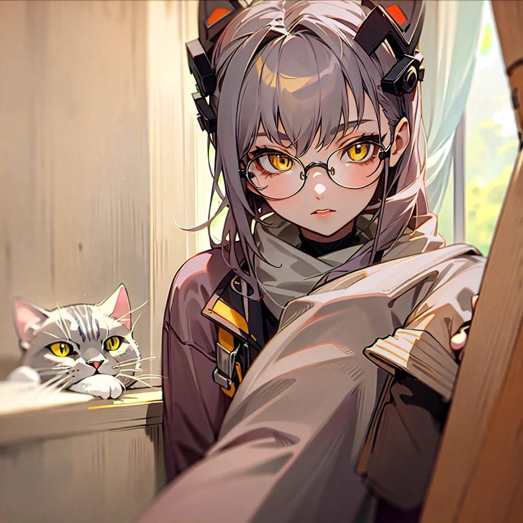 Young girl 18 years old, the girl lkeva prescription glasses, with a gray cat ((Brithis))with yellow eyes,  anime style, portrait, Maximum quality, maximum detail.