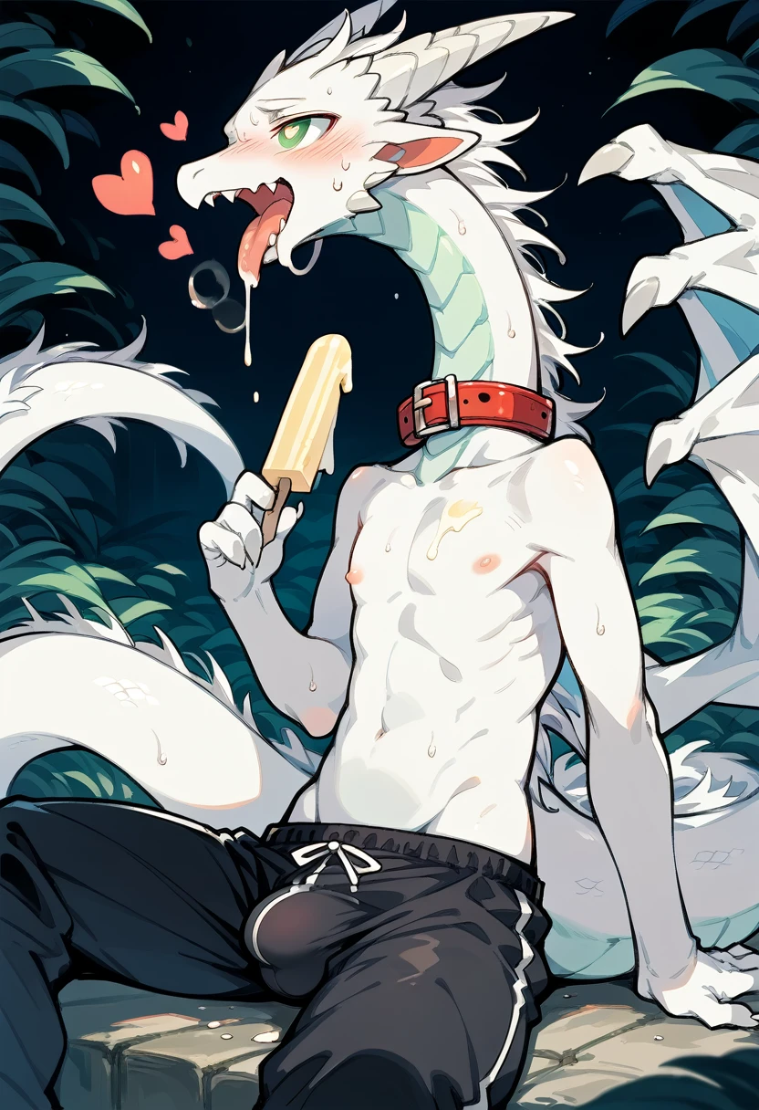 fox（Species）Tough，demon，demon契约，White Dragon，Dark green eyes，Bulge in pants，blush，sweat，Slobber，emaciated，Open your legs，Long neck，Milk flowing on face，Covered in milk，Shota，open mouth，Stick out your tongue，Scales，Hypnosis，Heart pupil，Kneel down，Thin legs，sweat，Eat popsicles，White Dragon，Collar