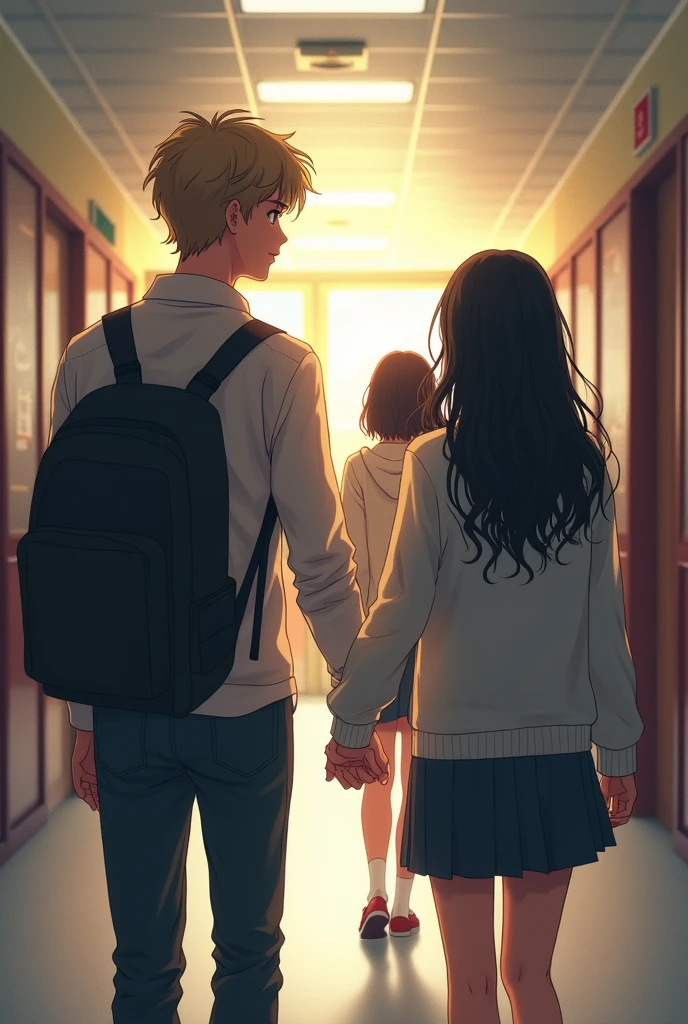 In the corridors of a school a 17-year-old boy, Brown, almost blonde, wavy hair goes hand in hand with a girl with black, straight hair, The boy looks to the left but the girl looks back holding the hand of another girl with dark brown hair., All three are wearing school uniforms