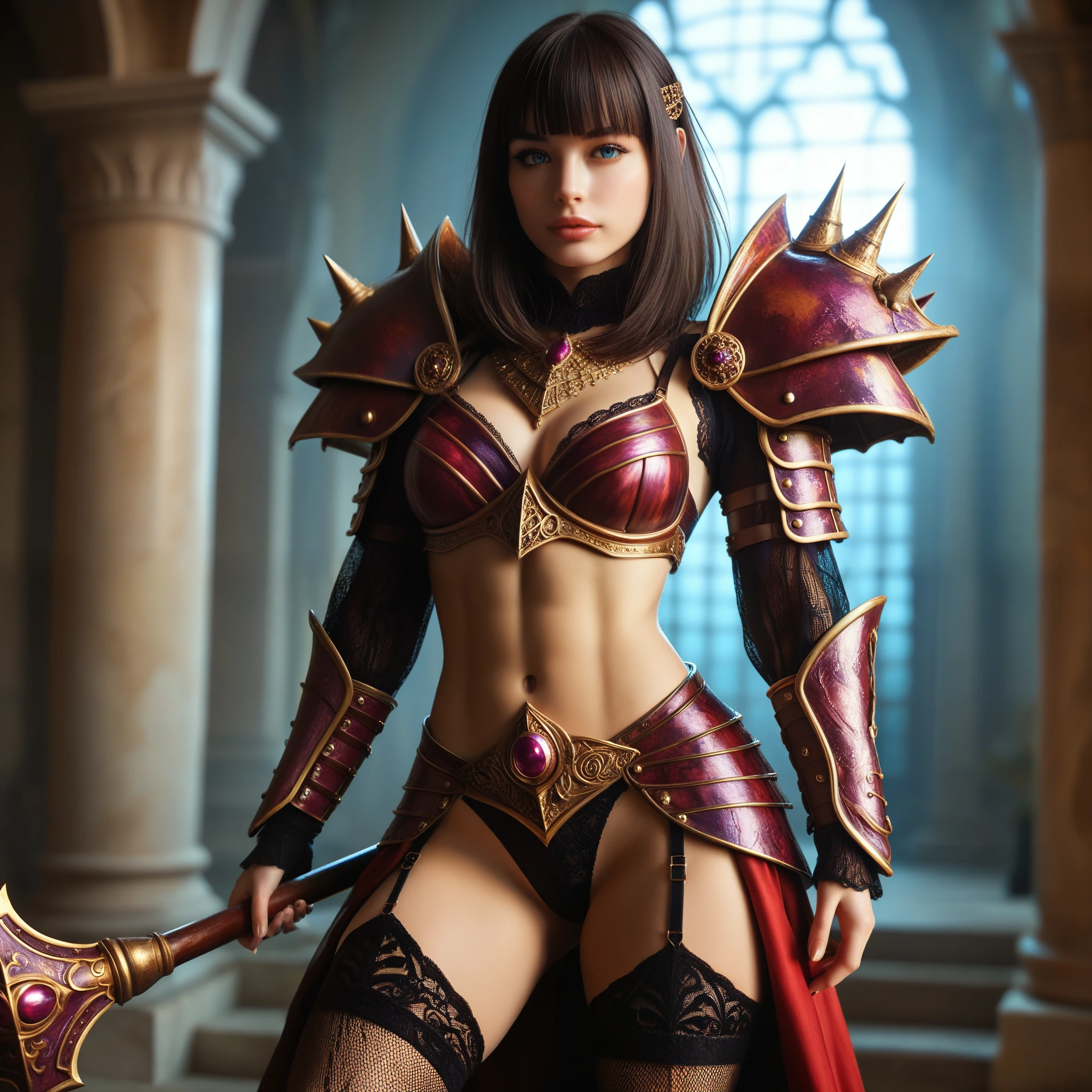 score_9, score_8_up, score_7_up, (Highest quality),(realistic,photorealistic,photo-realistic:1.37), ultra-detailed,(best quality,4k, 8k, highres, masterpiece:1.2), BREAK, beautiful detailed eyes, beautiful detailed lips, extremely detailed eyes and face,longeyelashes,1girl, exotic noble warrior, detailed Gothic palace background, ornate armor, holding a halberd, (surrounded by a monstrous army:1.2), dramatic cinematic lighting, vibrant colors, epic fantasy scene, toned thighs, (Yaiba:0.8), blunt bangs,