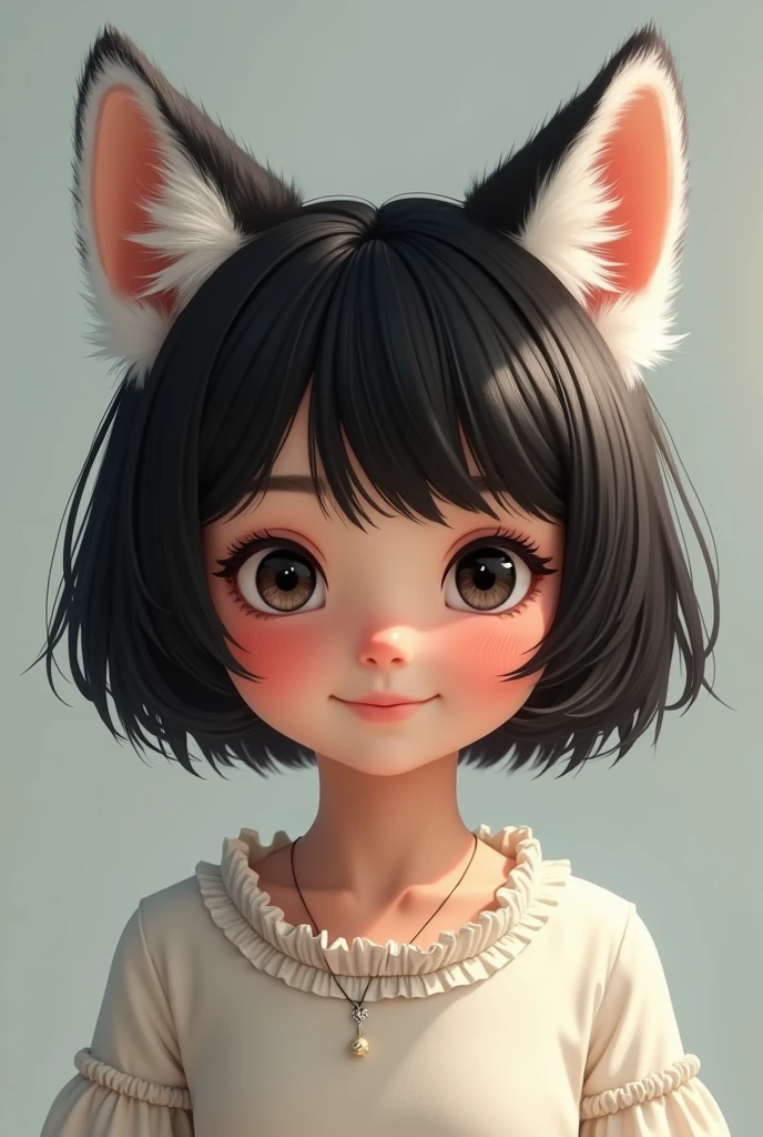 A beautiful girl with dog ears, about 5 years old, with black hair and a boyish short cut. Dog ears are white. They say dog ears are white.