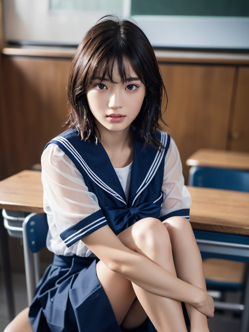  (masterpiece:1.2), Very detailed, Ultra-high resolution, (Realistic, photo Realistic:1.6), High-resolution RAW color photos, Professional photos, Sharp focus:1.2, (Very detailed顔と肌の質感, Very beautiful eyes, Glossのある肌, Glowing Skin, Glowing Skin, Shining Face, Gloss, Oily skin, greasy face, Oily skin, greasy face,),, (real Glossのある肌 texture), Perfect Anatomy, Very detailed背景,(High school classroom at night),（1 female）,25-year-old woman, Japanese women,height: 168cm,(short hair, Straight hair, bangs, Brown Hair),((Flat Chest:1.6)),(Slim, thin legs), ((((Short Sleeve White Sailor School Uni形状、Navy blue pleated skirt:1.5、A perfectly detailed bra covered by a sailor suit、Perfectly detailed T-panties under skirt))),(sit at a desk with your knees up:1.4)、(((Wet and sheer sailor suit:1.4)))