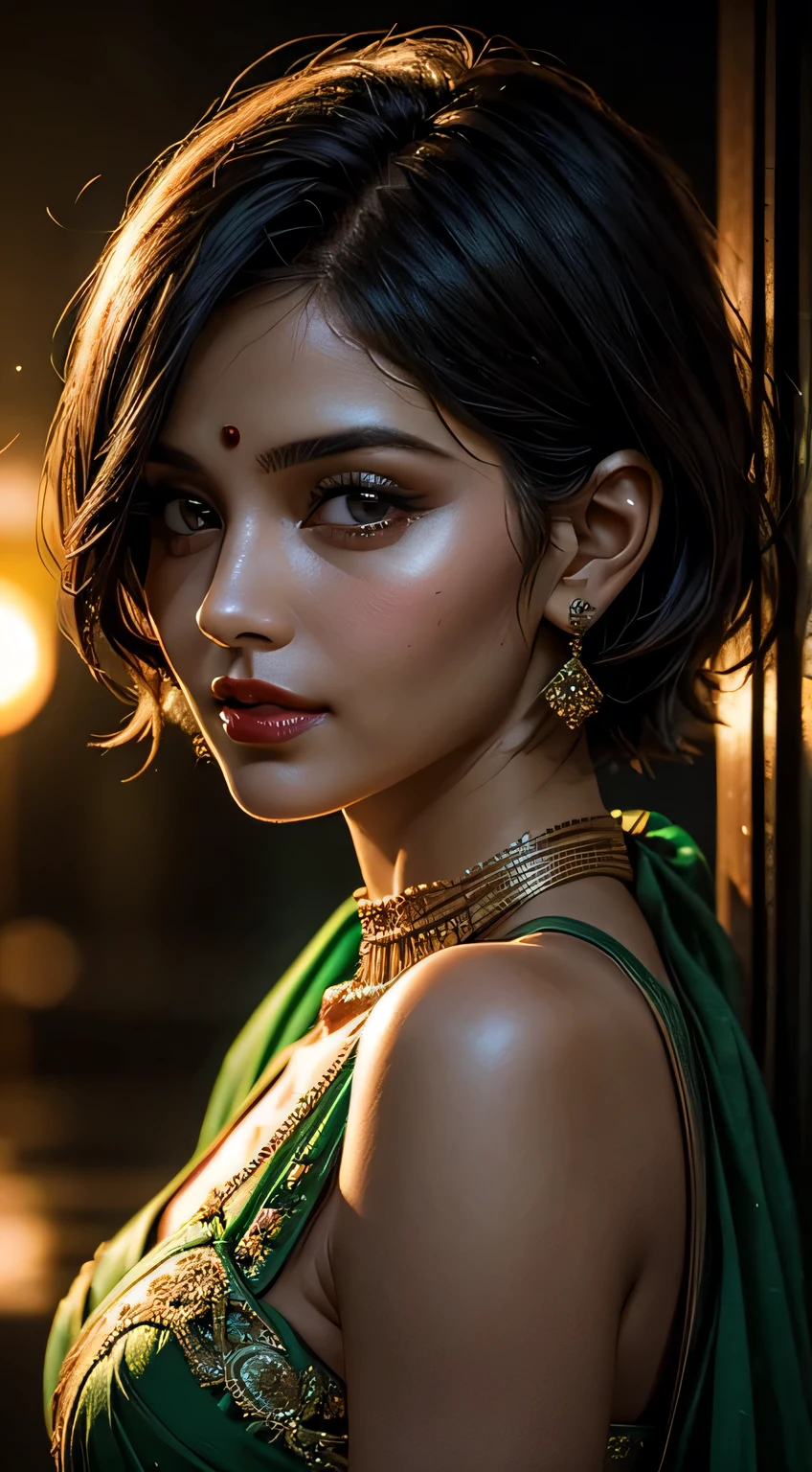 Amazing portrait of a woman who is 30 years old and an adult and a sexy woman with short hair in a bob style wearing a green saree during night time with soft lighting showcasing her red lips and her beautiful face in detail and close up
