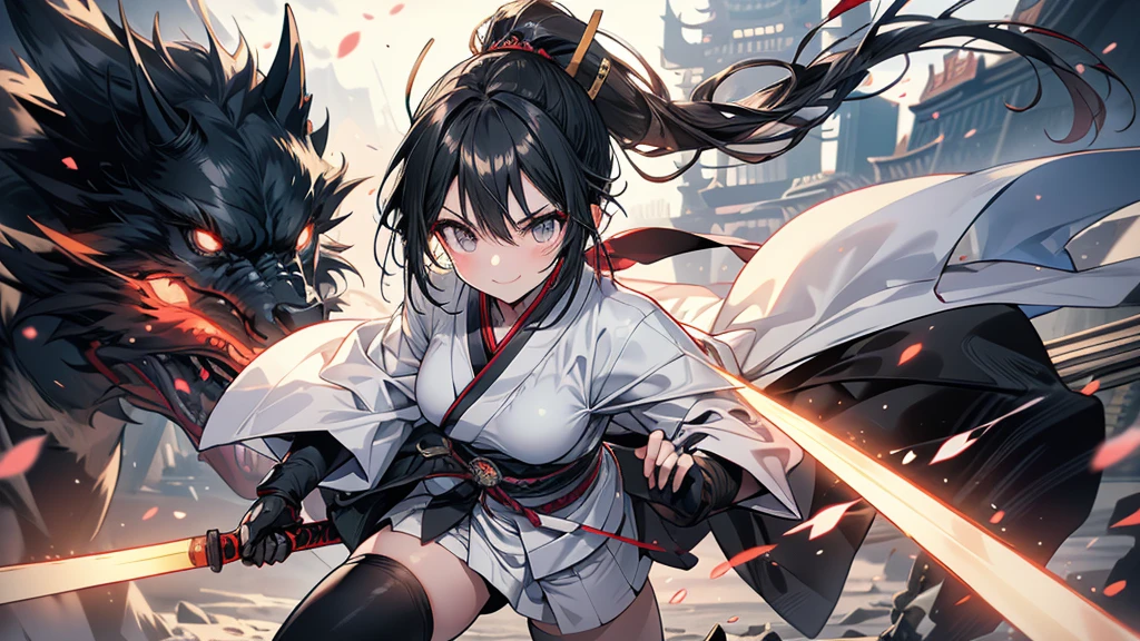 Adult women ponytail tall Narrow eyes smile Glare frivolous attitude Japanese Clothing White shirt Black hot pants Black long gloves Black knee socks Please put your hands on your hips Holding a naginata Cape Mechanized Japanese castle in the background Running through the battlefield with a naginata at the ready