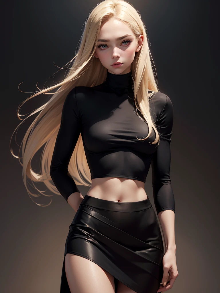 (best quality), 1girl, female, porcelain skin, blonde hair, straight hair, medium hair, swoopy tips, brown eyes, perfect eyes, crop turtleneck top, black skirt, skinny body, , small bust, shy, masterpiece, anatomically correct, highres
