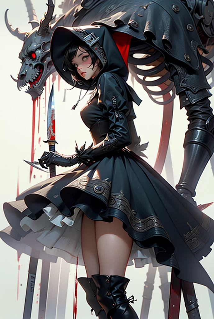 (((masterpiece, of the highest quality, super detailed))), (a witch belonging to an occult order of knights), (a knight crossed with a witch), Victorian era inspired, ((minimal but intricate beautiful armour)), Fluttering lace flared dress with frilly petticoats, ((nier automata meets bloodbourne)), (big forhead:1.2), (((dark hair))), (((Very sharp focused eyes))), very long eyelashes, occult aesthetic, (red and white clothing detailed and intricate steampunk and detailed gothic), (with a hood), complex lace boots,