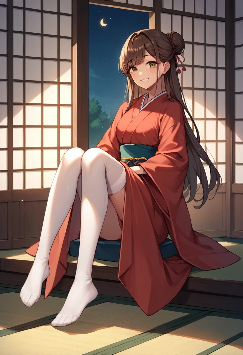 score_9, score_8_up, score_7_up, score_6_up, score_5_up, score_4_up, source_anime, 1girl,amber5star, upper body, full body, smile, brown hair, hair bun, long hair, brown eyes, white stockings, red kimono, Japanese room, best quality, best res, 4K UHD,