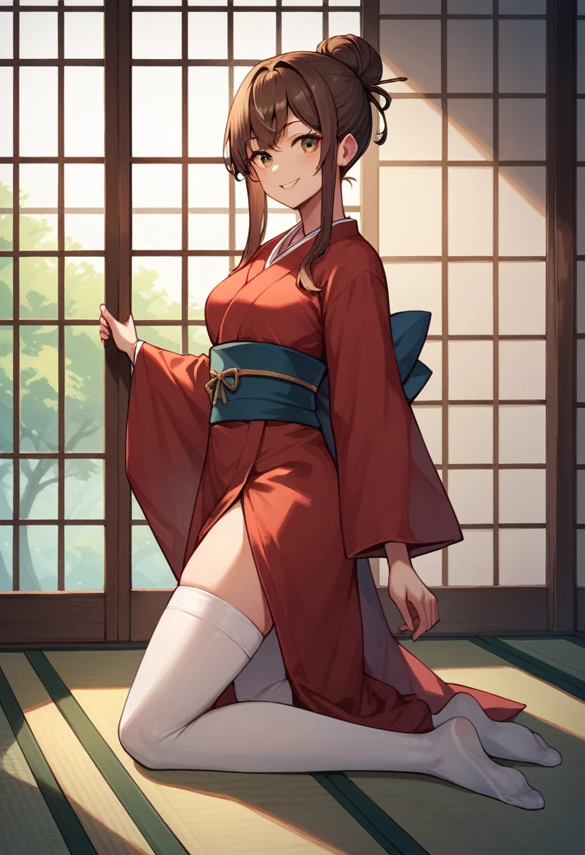 score_9, score_8_up, score_7_up, score_6_up, score_5_up, score_4_up, source_anime, 1girl,amber5star, upper body, full body, smile, brown hair, hair bun, long hair, brown eyes, white stockings, red kimono, Japanese room, best quality, best res, 4K UHD,
 