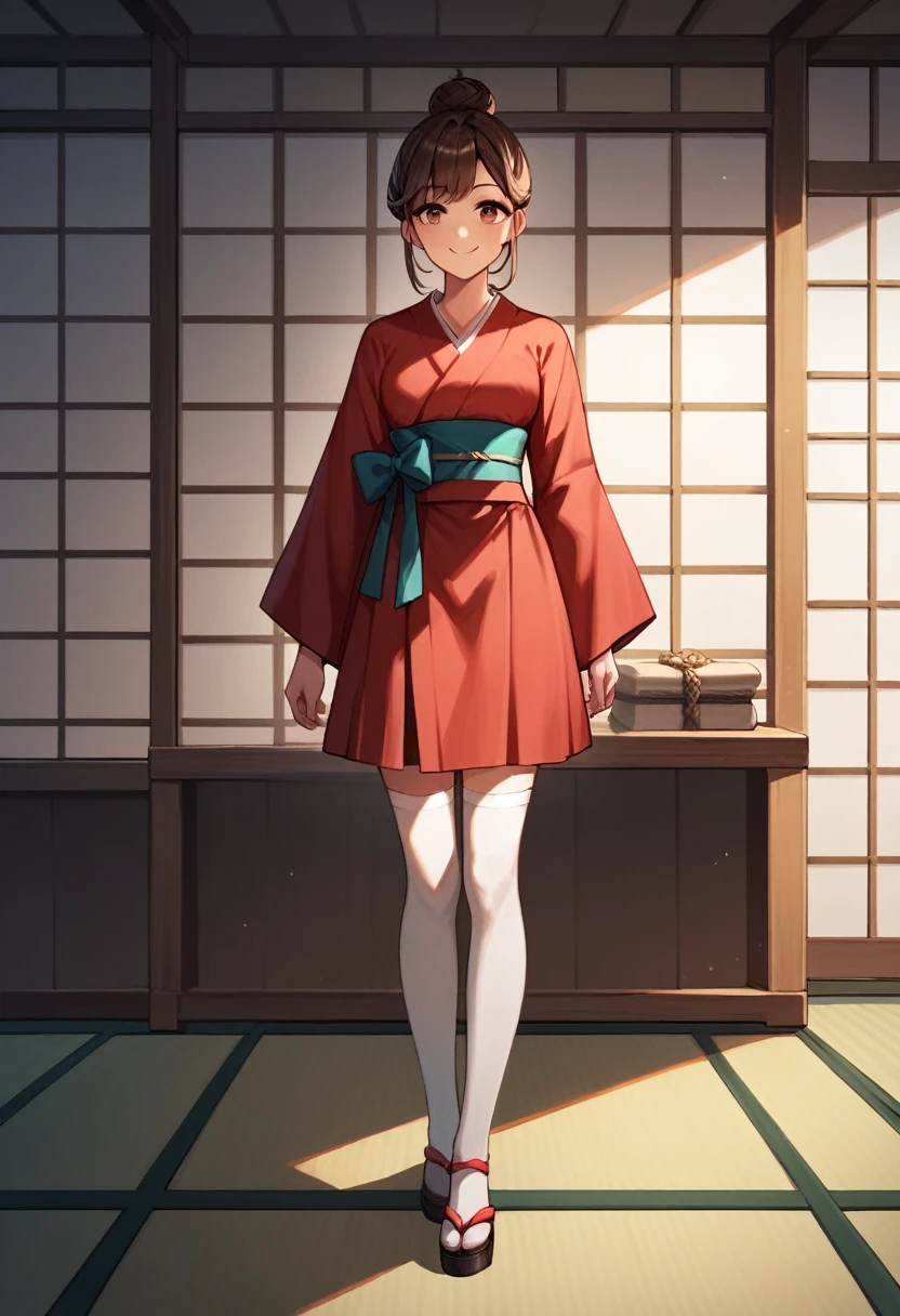 score_9, score_8_up, score_7_up, score_6_up, score_5_up, score_4_up, source_anime, 1girl,amber5star, upper body, full body, smile, brown hair, hair bun, long hair, brown eyes, white stockings, red kimono, Japanese room, best quality, best res, 4K UHD,