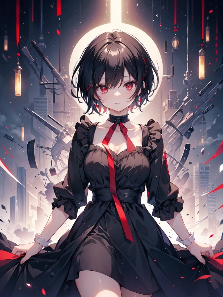 (masterpiece, highest quality, highest quality, (No text), Beautiful and aesthetic:1.2),No text,アニメ、BREAK,One Girl，Black Hair Girl　short hair　older sister　choker　Beautiful eyes　Red eyes　cool　smile　Black and Red　whole body　In town