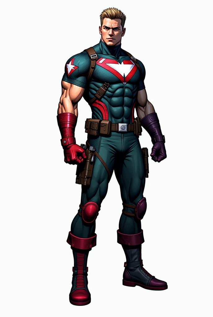 drawning, bright coloured, Chris Redfield wearing a Captain America style uniform , replace blue color with green, replace red color with black, white background, fully body 