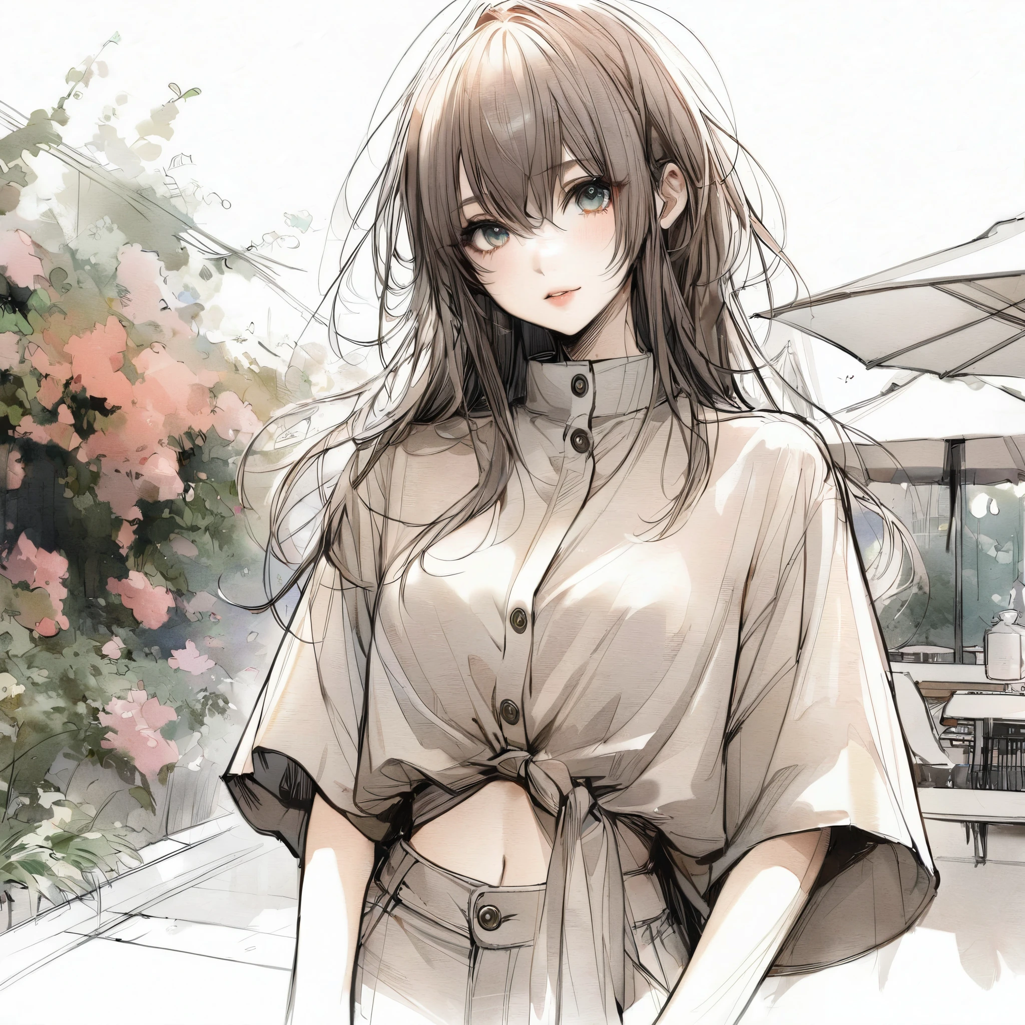 Official art using high-quality hand-drawn watercolor sketch techniques. (best quality,4k,8k,highres,masterpiece:1.2),ultra-detailed,beautiful detailed eyes,A girl with beautiful eyes, everyone, beautiful anime girl, cute anime girl, smooth anime art, anime style, elegant colors, soft lighting, delicate beautiful eyes, very coquettish, (beautiful large breast:1.2), (correct hands:1.2),