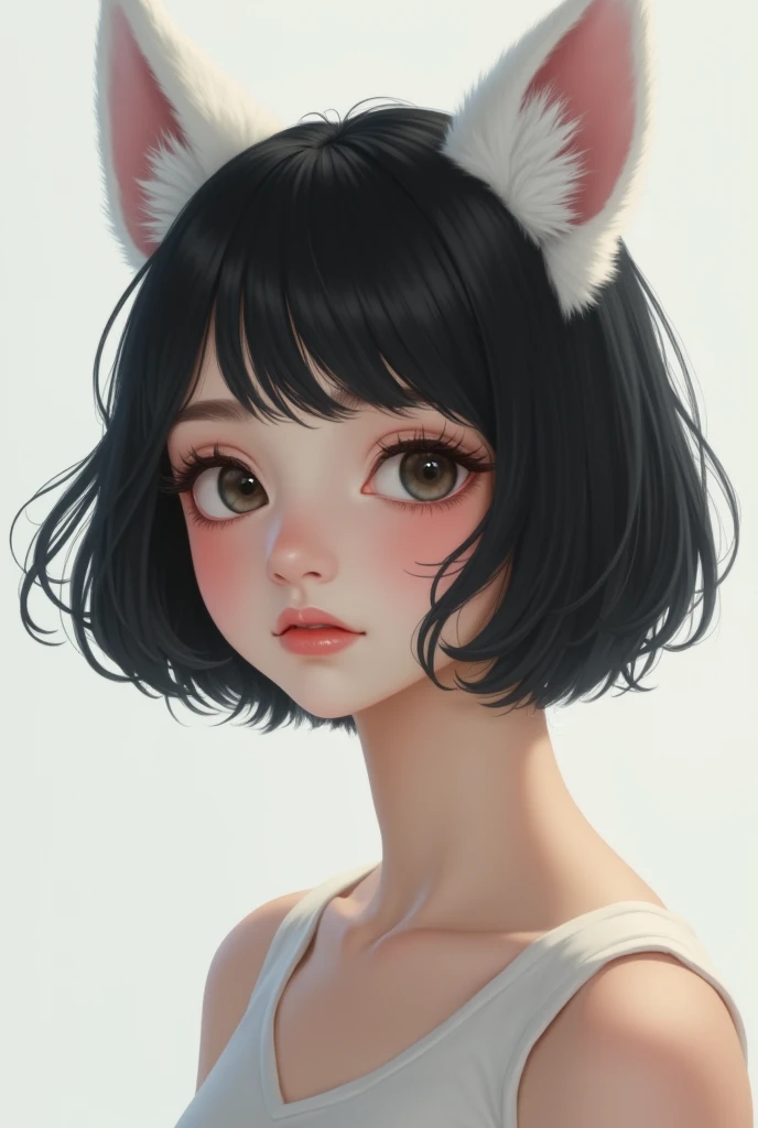 A beautiful girl with dog ears, about , with black hair and a boyish short cut. Dog ears are white. They say dog ears are white.