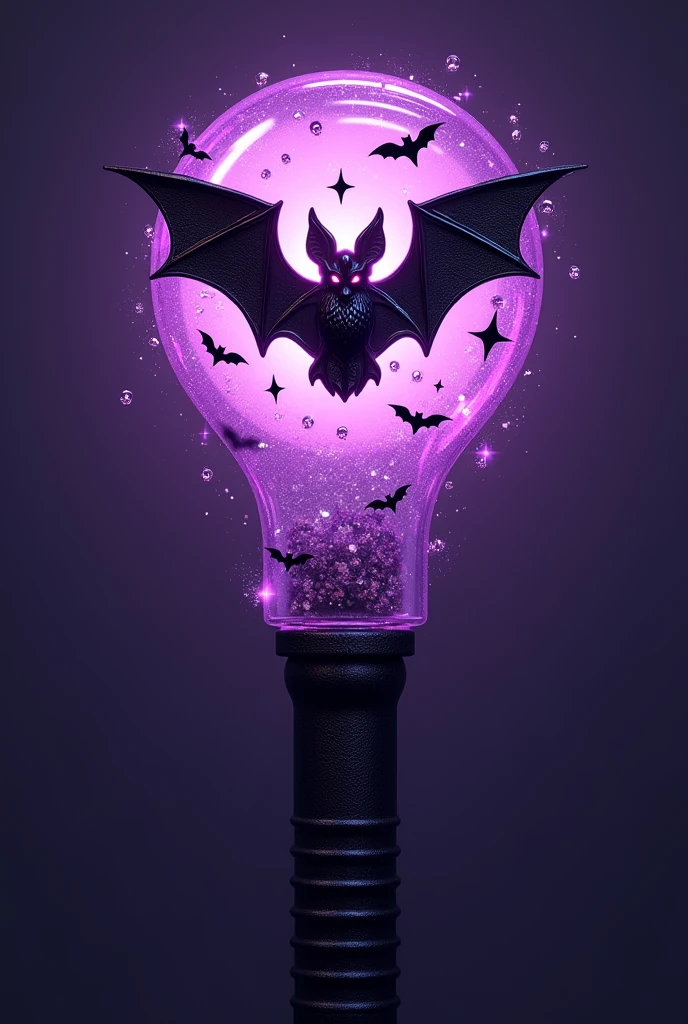 a Lightstick of a K-pop group named : LUCiD :
a small bat draw in the center on a lilac background, thick stick, details with glitter, bats, stars and small skulls. Only PURPLE, WHITE AND BLACK are allowed colors.