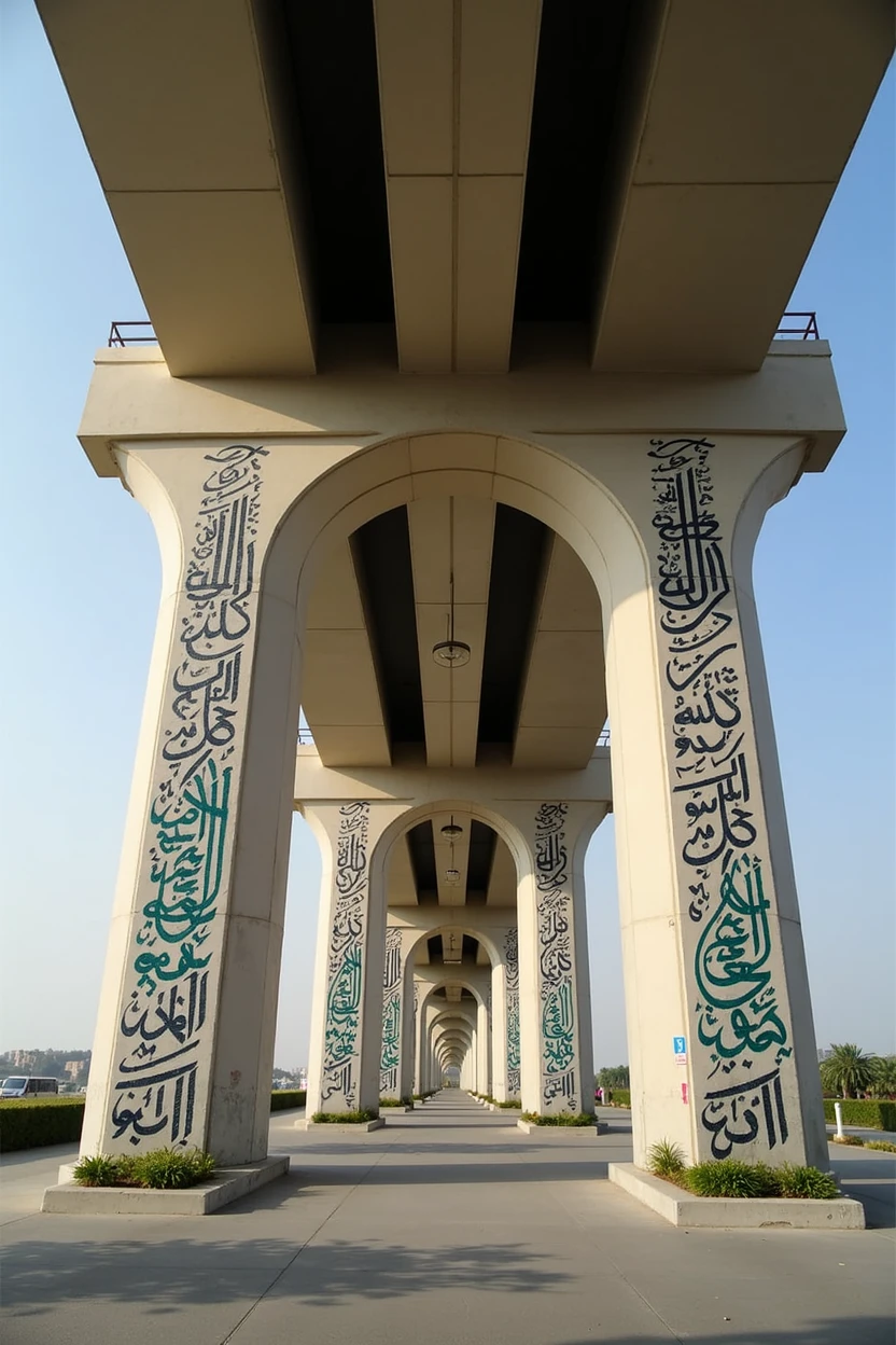 Row of Flyover pillars painted with Arabic calligraphy