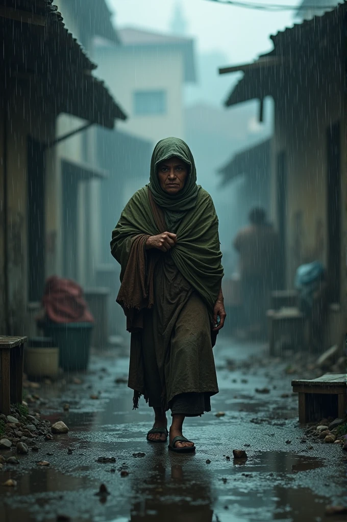 A poor lady working in heavy rain