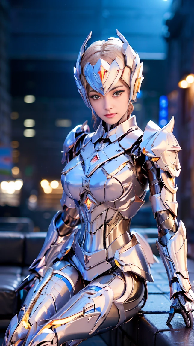Une femme est équipée d'une combinaison complète de style Kamen Rider Ryuki, including a full face helmet, une plaque thoracique à plusieurs couches protégeant les épaules et les bras, light armor covering the legs, un design global robuste mais flexible, (yellow light reflecting armor, combined with red and blue details), emitting a noble light, rising up into the sky of the city of the future. This character embodies a hero in virtual fantasy-style armor meticulously designed in a precise anime style., avec des traits de manga sophistiqués et matures (dragon armor idea, Project plan : 1.4, Real materials : 1.2), (night scene in the city, Refined, Goddess, female character : 1.5), metals, high resolution, best quality, résolution ultra-haute, Ultra-details, Super sophisticated work of art, extrêmement Refined, professionnelle, fidèle à la structure corporelle, well balanced mechanisms.