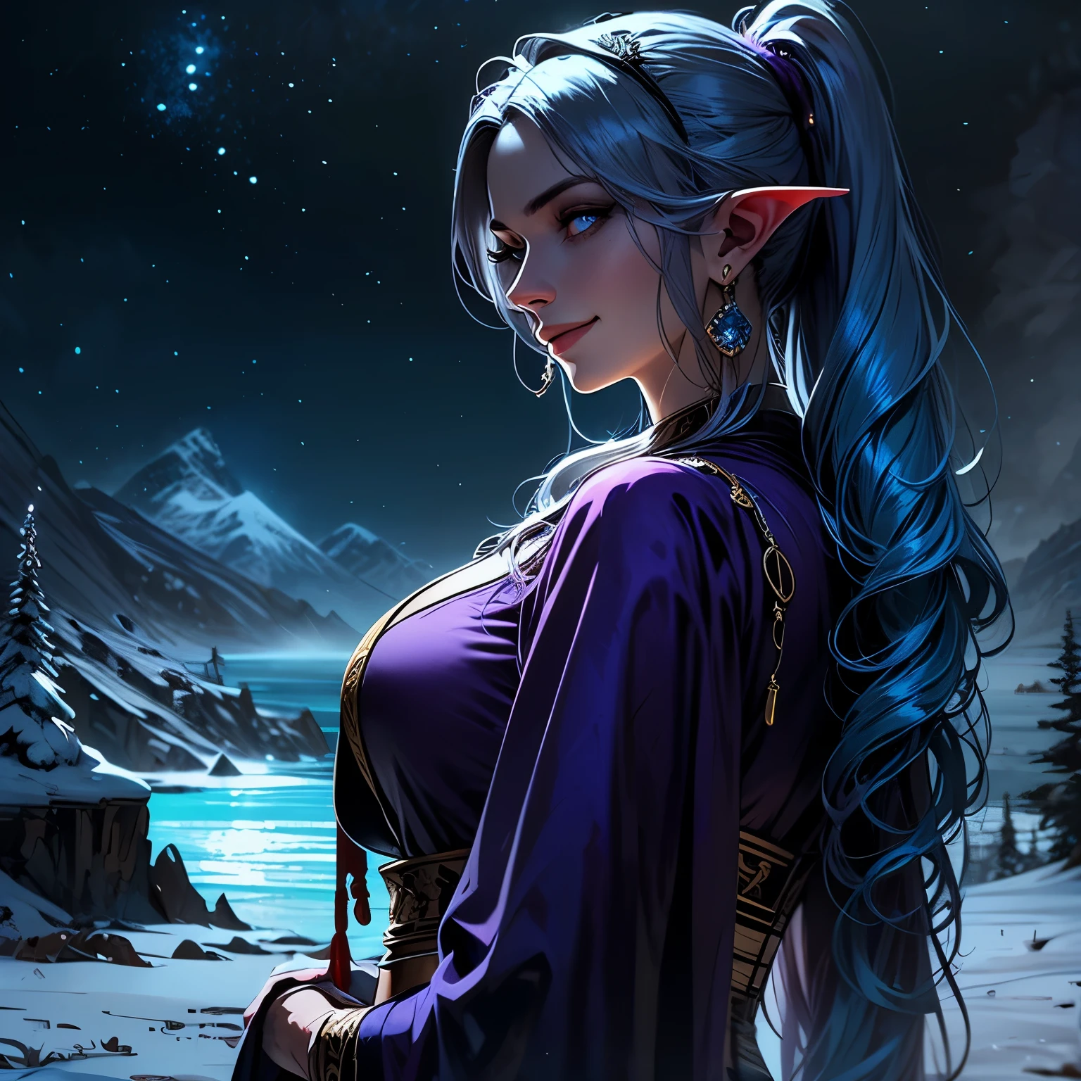 ((best quality)), ((masterpiece)), (detailed), (realistic), (portrait, from the side:1.4), (expressive eyes, perfect face, female elf, seductive smile, shining (blue:1.4) hair, absurdly long curly hair, flowing ((purple silk robe)), high ponytail, disc earrings, large shining blue medallion:1.3), praying, on a snowy cliff, by the sea, A poignant scene depicting Schala, the beloved character from Chrono Trigger, immersed in prayer amidst the serene snow-covered cliffs of 12000 BC, near the village of Algetty. She stands with grace and solemnity, her vibrant blue hair cascading down her back in voluminous waves, held in a high ponytail by a crimson hairband. Her large, expressive blue eyes gaze upwards with reverence and contemplation. Adorned in flowing purple silk robes that billow softly in the chilly wind, she appears ethereal against the backdrop of the icy landscape. The cliffs rise majestically behind her, their rugged surfaces dusted with a blanket of pristine snow, while distant mountains loom in the background, shrouded in mist. The scene is bathed in a soft, diffused light, casting a serene and mystical aura over Schala as she offers her prayers to the heavens. , 