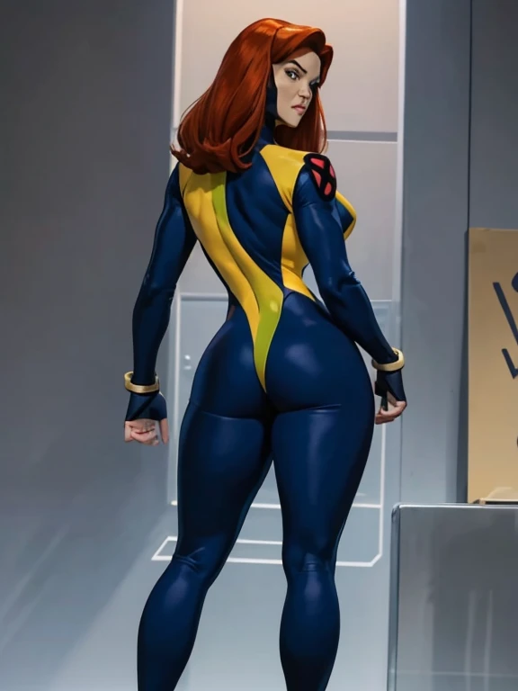 "Jean Grey standing confidently in a tight X-Men uniform, her athletic build and curvaceous figure highlighted by the form-fitting suit. The yellow and blue suit accentuates her narrow waist and strong legs, detailed tight ass, while her flowing red hair adds a dynamic touch."