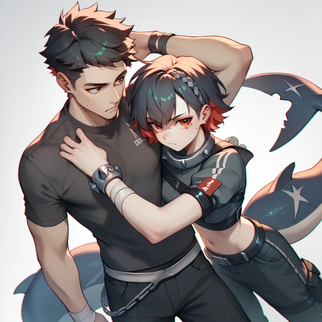 1 Boy,wrist_bandage,arm_bandage,fluffy_short_sleeve,mole_under_Eye,Black_Pants,Black and Red的_Suit,shark_Tail,Black and Red_hair