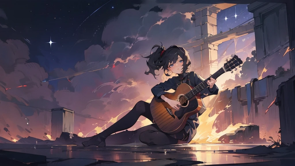 masterpiece,night,(dark alley),star、Night Sky、milky way、octone、
(1. Female), (solo), Knee hugging sitting,acousticguitar