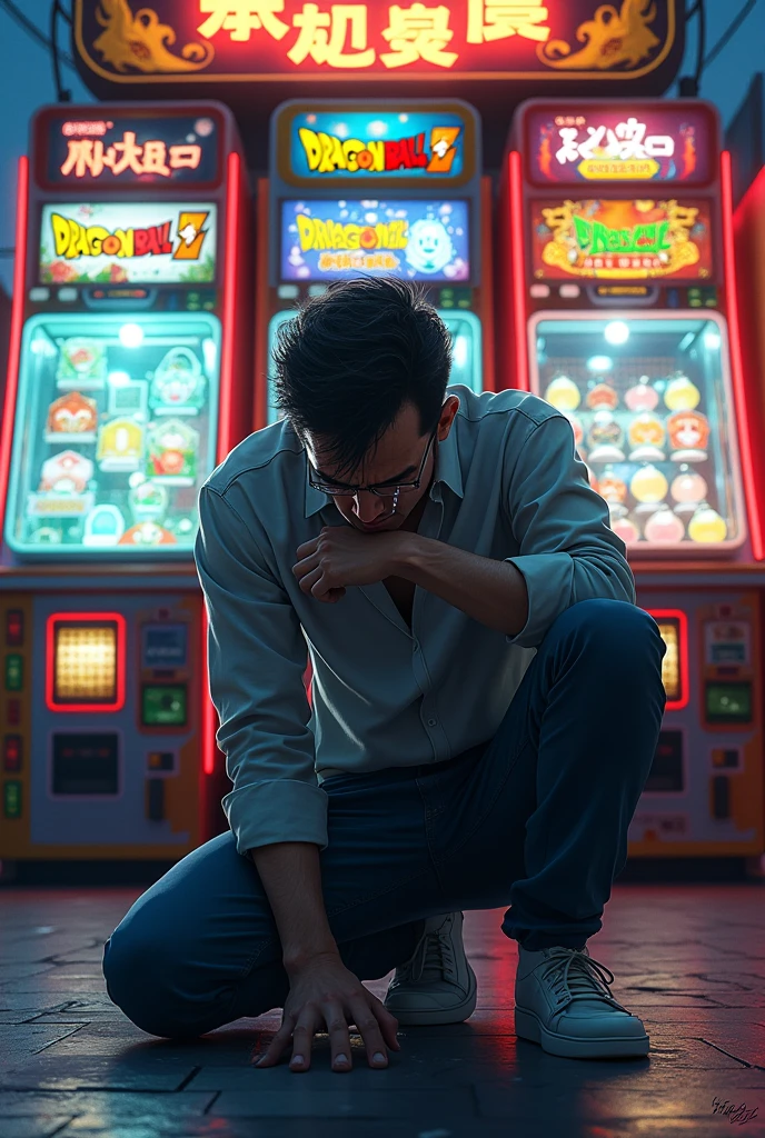 Crying on his knees in front of a Dragon Ball-style pachinko parlor