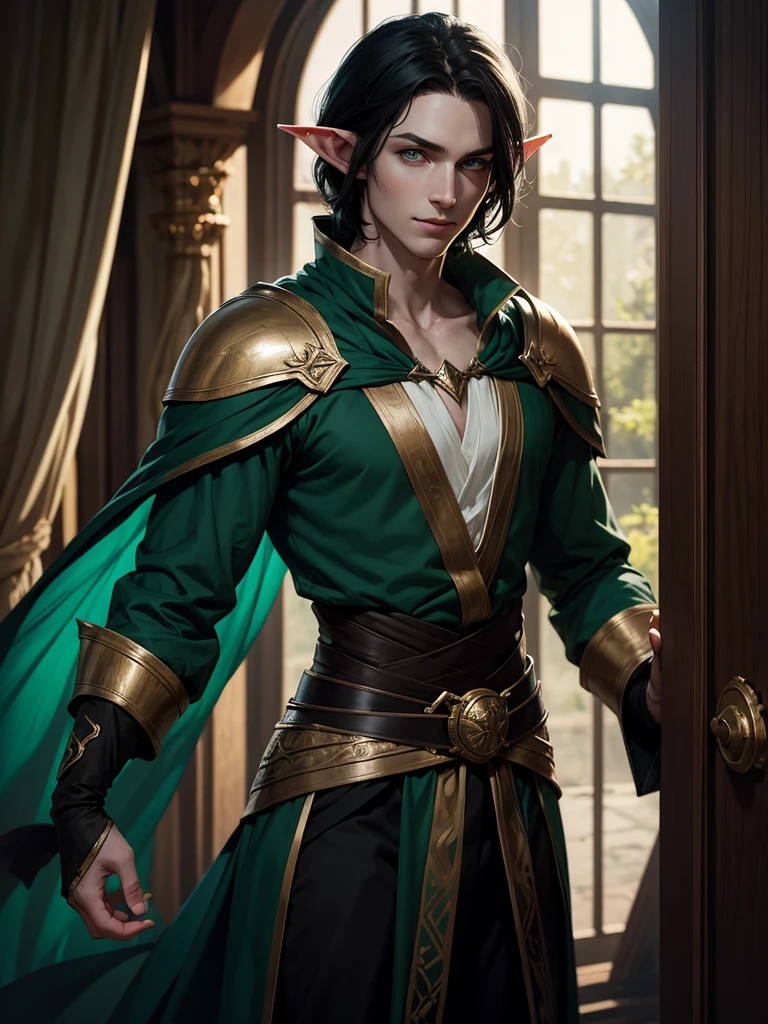 (best quality), 1boy, male, pale skin, black hair, medium hair, curtain hair, tousled hair, green eyes, perfect eyes, dark circles under eyes, light smile, (elf), pointed ears, fantasy clothes, masterpiece, anatomically correct, highres
