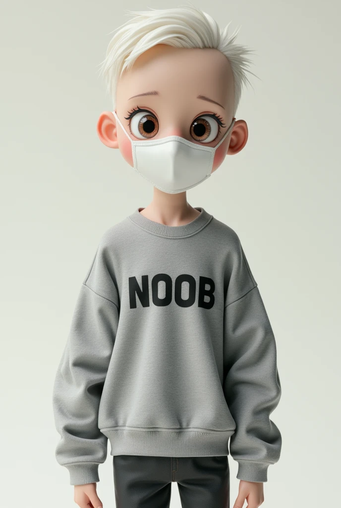 Make a doll-like masculine character who wears a sweatshirt with the word NOOB written on it and wears a mask